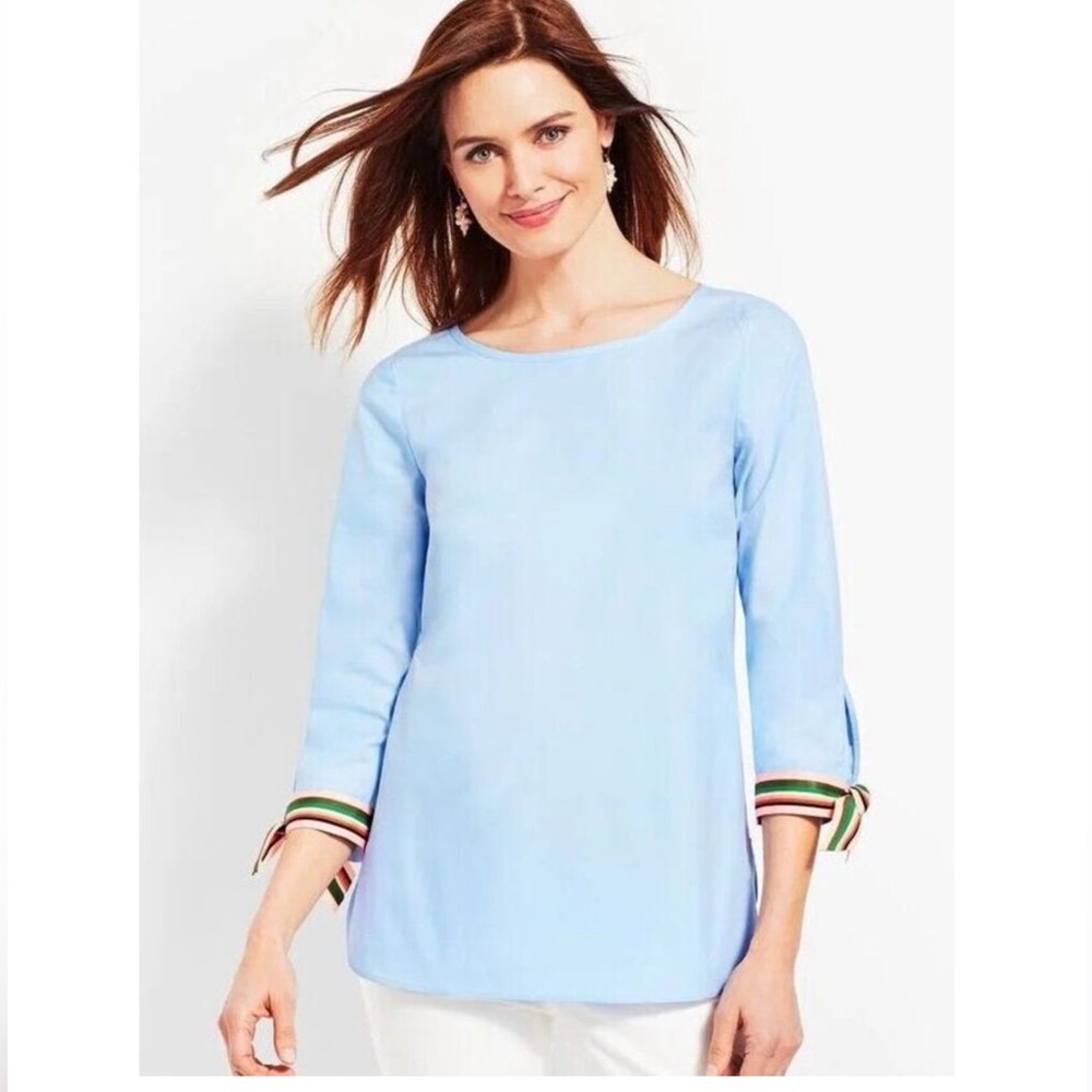 Talbots Light Blue Blouse 3/4 Sleeve with Colorful Ribbon Trim